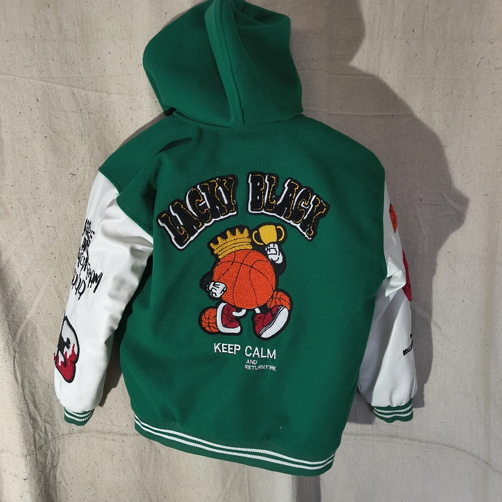 Black Pharoah Boy s Varsity Jacket Green & White W/Hood & Graphics / Patches